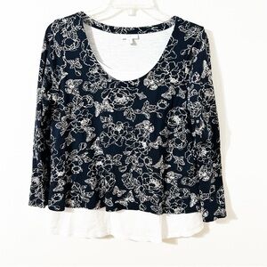 J.Jill Navy Blue White Floral Leaf Print Layered Long-Sleeve Top Wide Scoop Neck